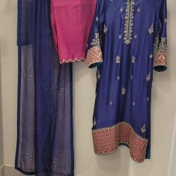 Luxurious ensemble with sheesha silk shirt and trouser, bamber silk organza dupatta. Intricate embroidery: kora, dabka, zari, stones, pearls, sequins.