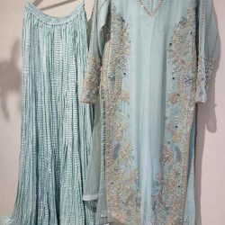 Sophisticated ensemble with bamber organza shirt, vaiscos silk dhaka, and pure organza dupatta. Handwork detailing: kora, dabka, pearls, Swarovski crystals, gems, sequins